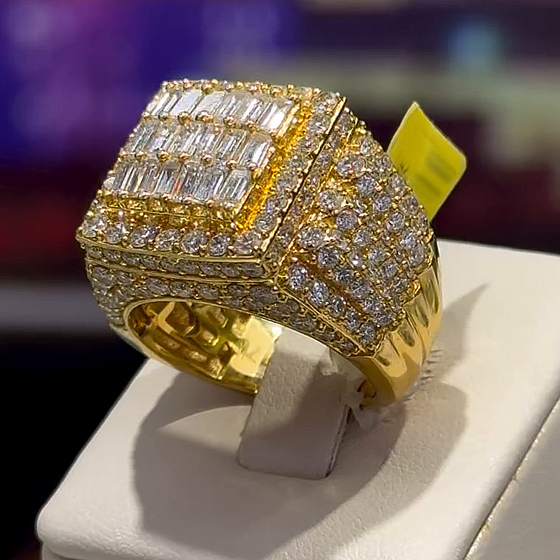 6.17ctw Baguette & Round Cut White Sapphire Yellow Gold Handmade Men's Ring