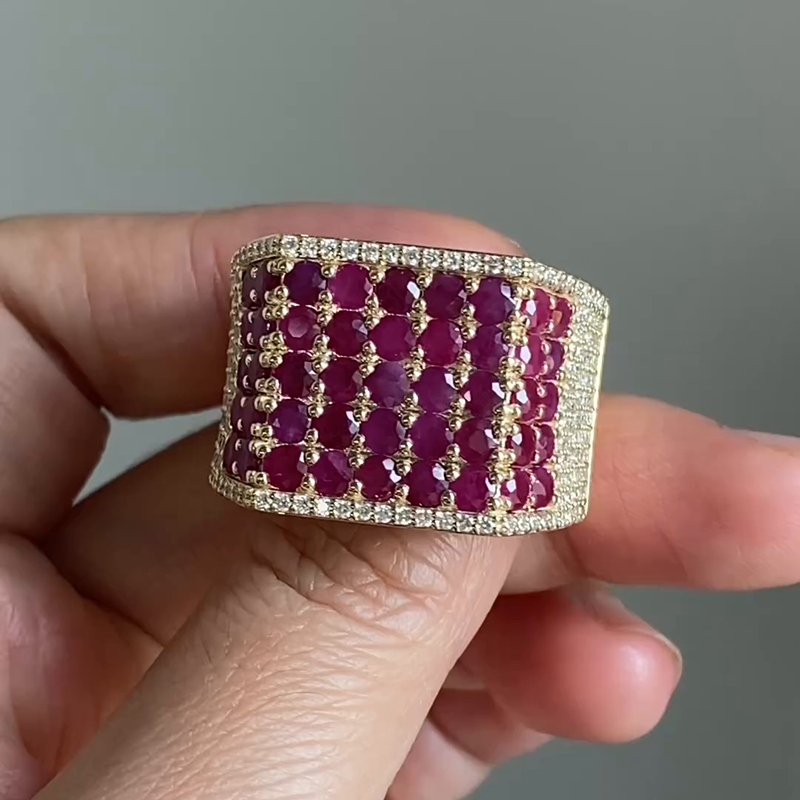 5-Row Round Cut Ruby Pave Set Yellow Gold Handmade Men's Ring