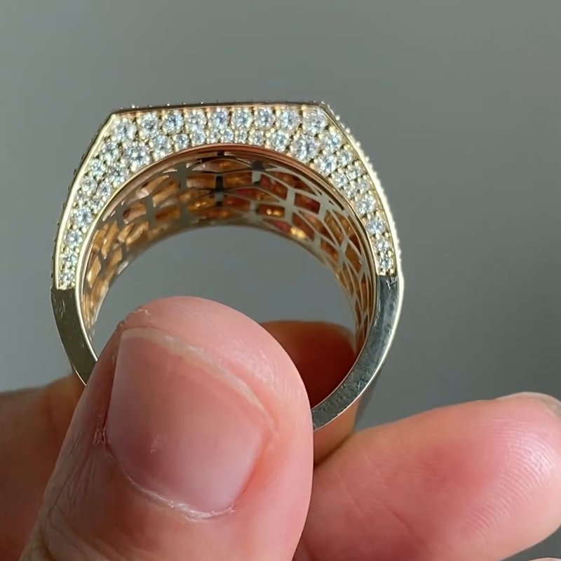 5-Row Round Cut Ruby Pave Set Yellow Gold Handmade Men's Ring