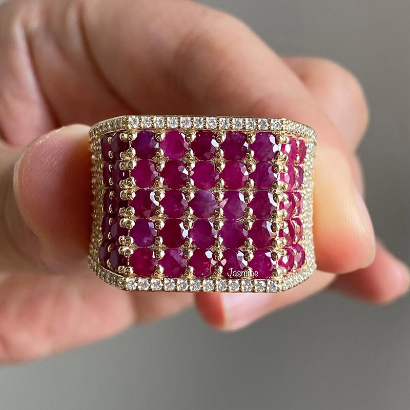 5-Row Round Cut Ruby Pave Set Yellow Gold Handmade Men's Ring