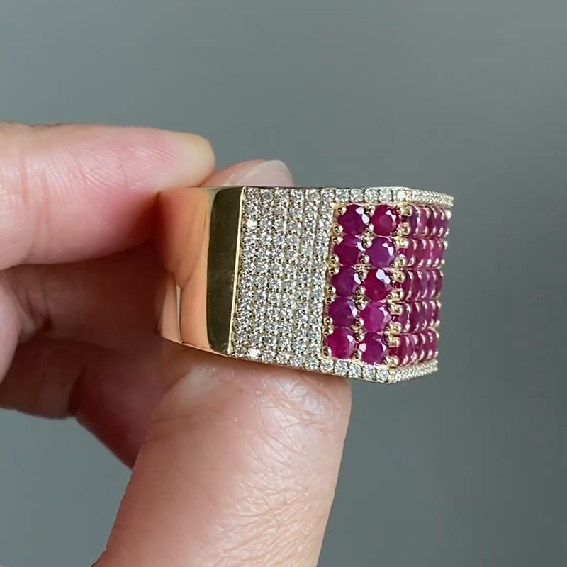 5-Row Round Cut Ruby Pave Set Yellow Gold Handmade Men's Ring