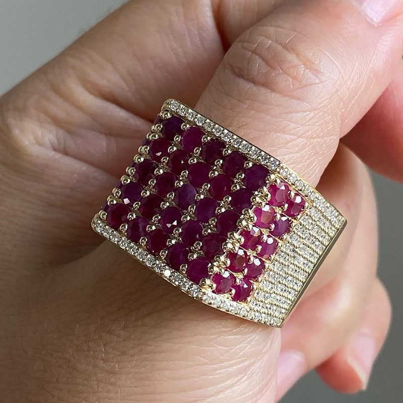 5-Row Round Cut Ruby Pave Set Yellow Gold Handmade Men's Ring