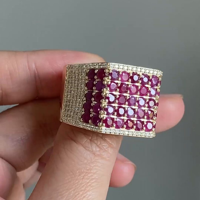 5-Row Round Cut Ruby Pave Set Yellow Gold Handmade Men's Ring