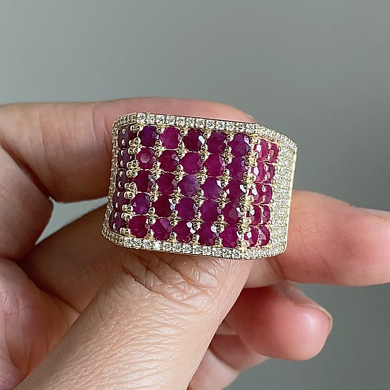 5-Row Round Cut Ruby Pave Set Yellow Gold Handmade Men's Ring