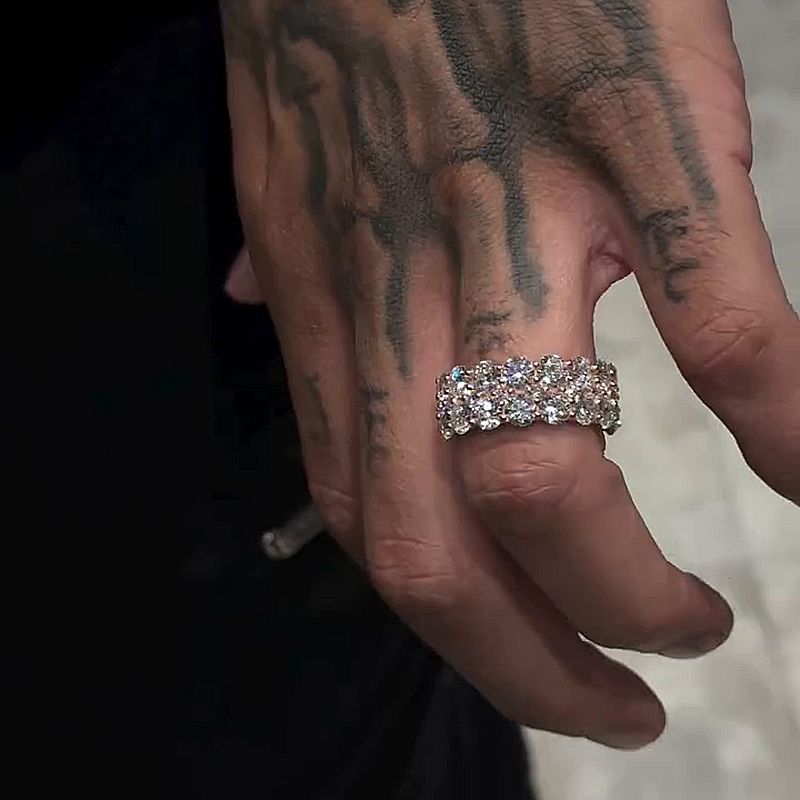 Two-Row Round Cut White Sapphire Rose Gold Handmade Men's Eternity Ring