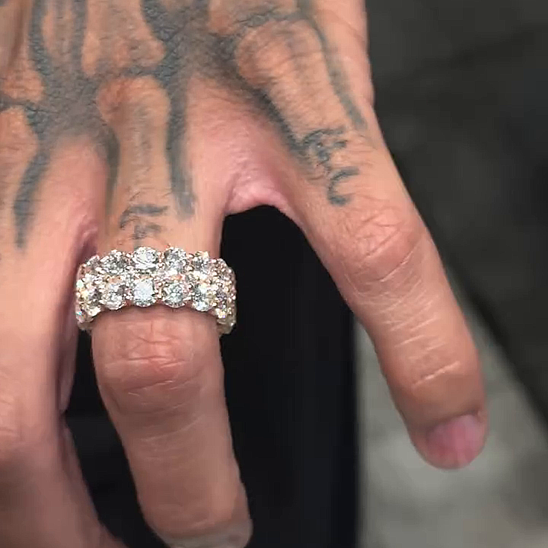 Two-Row Round Cut White Sapphire Rose Gold Handmade Men's Eternity Ring