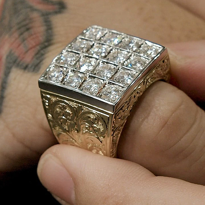 16 Round Cut White Sapphire Vintage Vibe Two-Tone Handmade Men's Ring