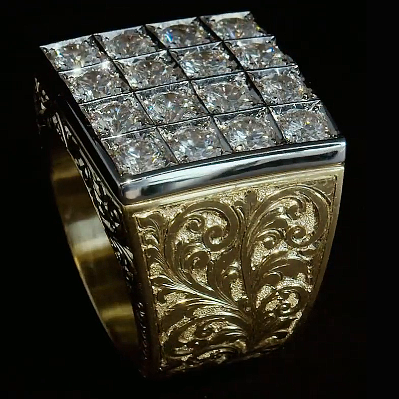 16 Round Cut White Sapphire Vintage Vibe Two-Tone Handmade Men's Ring