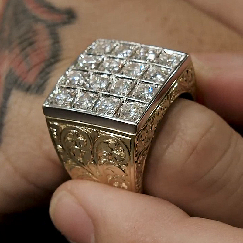 16 Round Cut White Sapphire Vintage Vibe Two-Tone Handmade Men's Ring