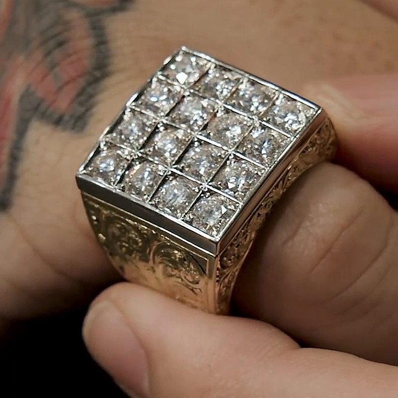 16 Round Cut White Sapphire Vintage Vibe Two-Tone Handmade Men's Ring