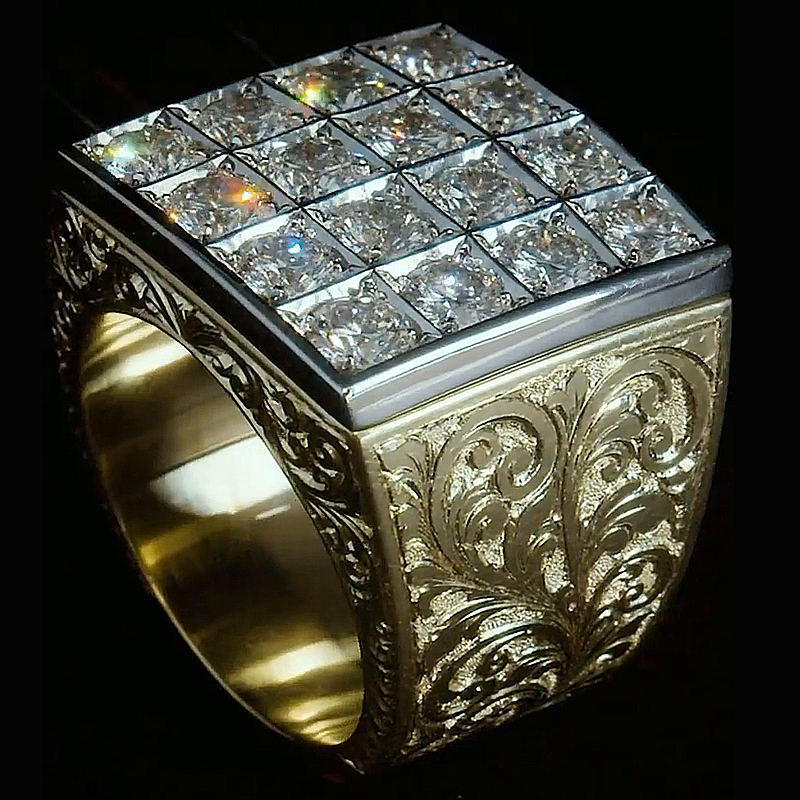 16 Round Cut White Sapphire Vintage Vibe Two-Tone Handmade Men's Ring