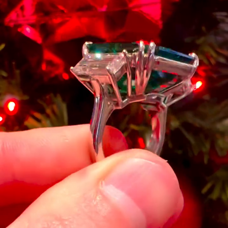 15ct Emerald Cut Emerald Green Three-Stone Christmas Vibe Handmade Ring