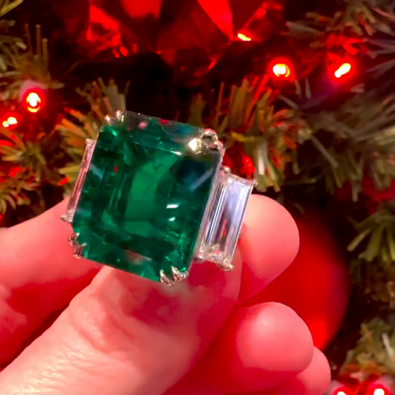 15ct Emerald Cut Emerald Green Three-Stone Christmas Vibe Handmade Ring