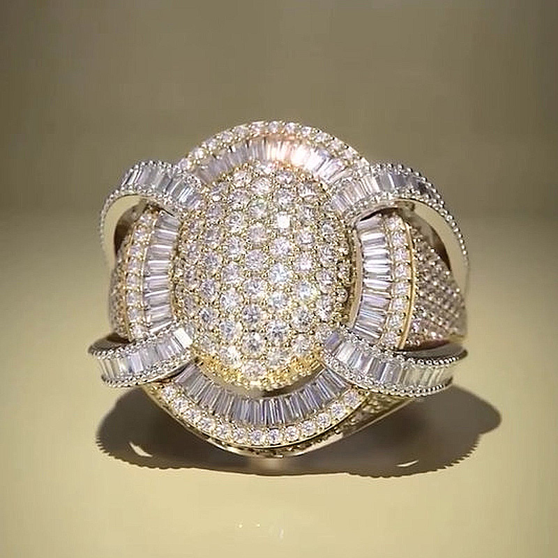 6.5ctw Round Cut White Sapphire With Baguette Cut Side Stones Half Set Yellow Gold Handmade Men's Ring