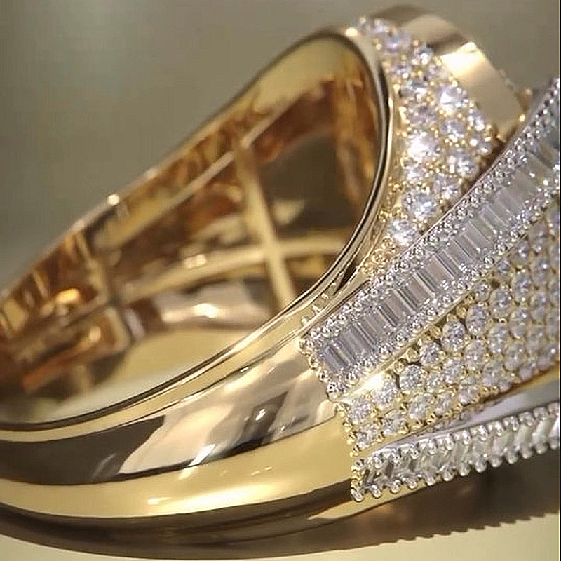 6.5ctw Round Cut White Sapphire With Baguette Cut Side Stones Half Set Yellow Gold Handmade Men's Ring