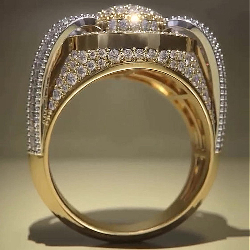 6.5ctw Round Cut White Sapphire With Baguette Cut Side Stones Half Set Yellow Gold Handmade Men's Ring