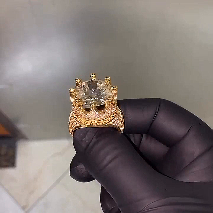 15ct Round Cut White Sapphire King's Crown Yellow Gold Men's Ring