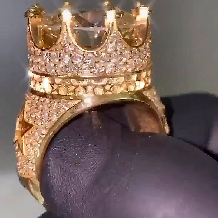 15ct Round Cut White Sapphire King's Crown Yellow Gold Men's Ring