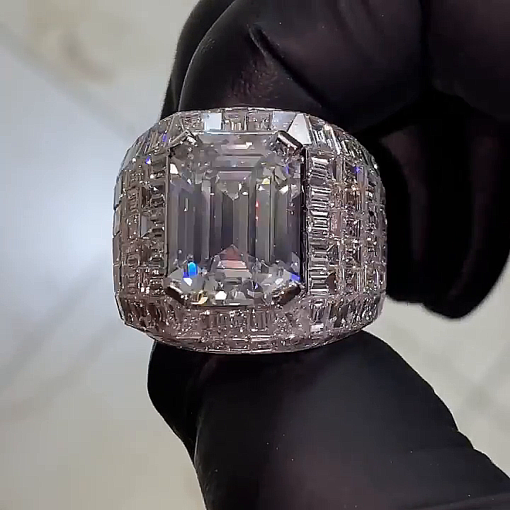 15ct Emerald Cut White Sapphire Full Set Handmade Sterling Silver Men's Ring