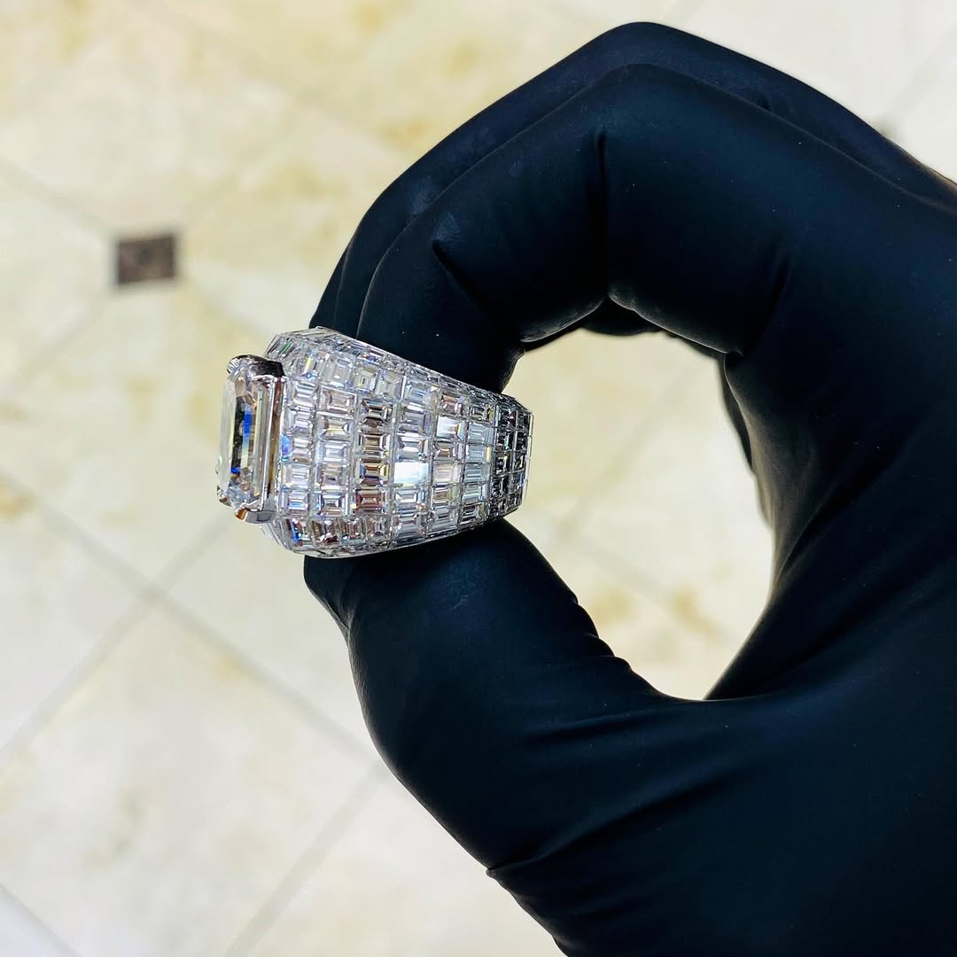 15ct Emerald Cut White Sapphire Full Set Handmade Sterling Silver Men's Ring