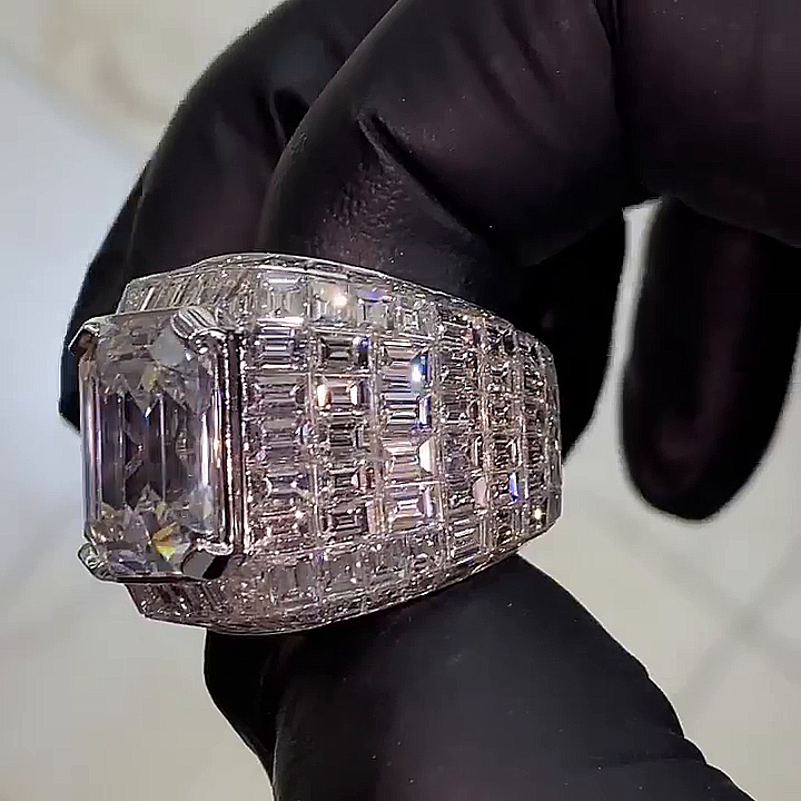 15ct Emerald Cut White Sapphire Full Set Handmade Sterling Silver Men's Ring