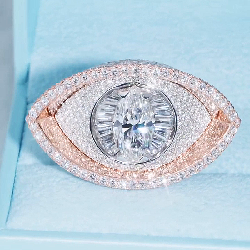 10ct Marquise Cut White Sapphire Evil Eye Pave Set Rose Gold Handmade Ring