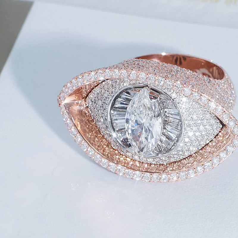 10ct Marquise Cut White Sapphire Evil Eye Pave Set Rose Gold Handmade Ring