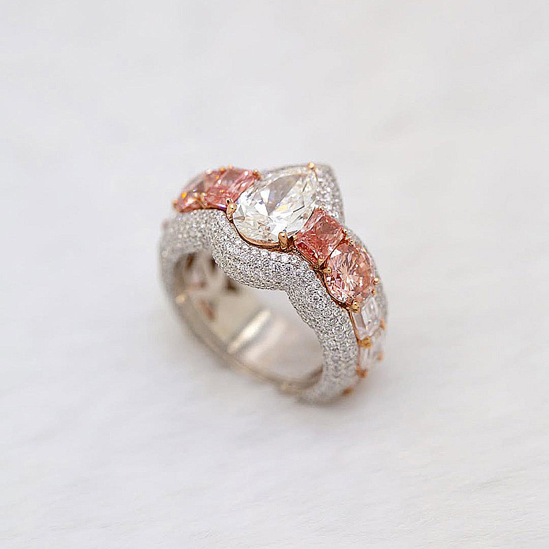 4.5ct Pear Cut White Sapphire With Pink Side Stones Two-Tone Handmade Ring