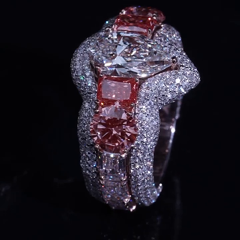 4.5ct Pear Cut White Sapphire With Pink Side Stones Two-Tone Handmade Ring