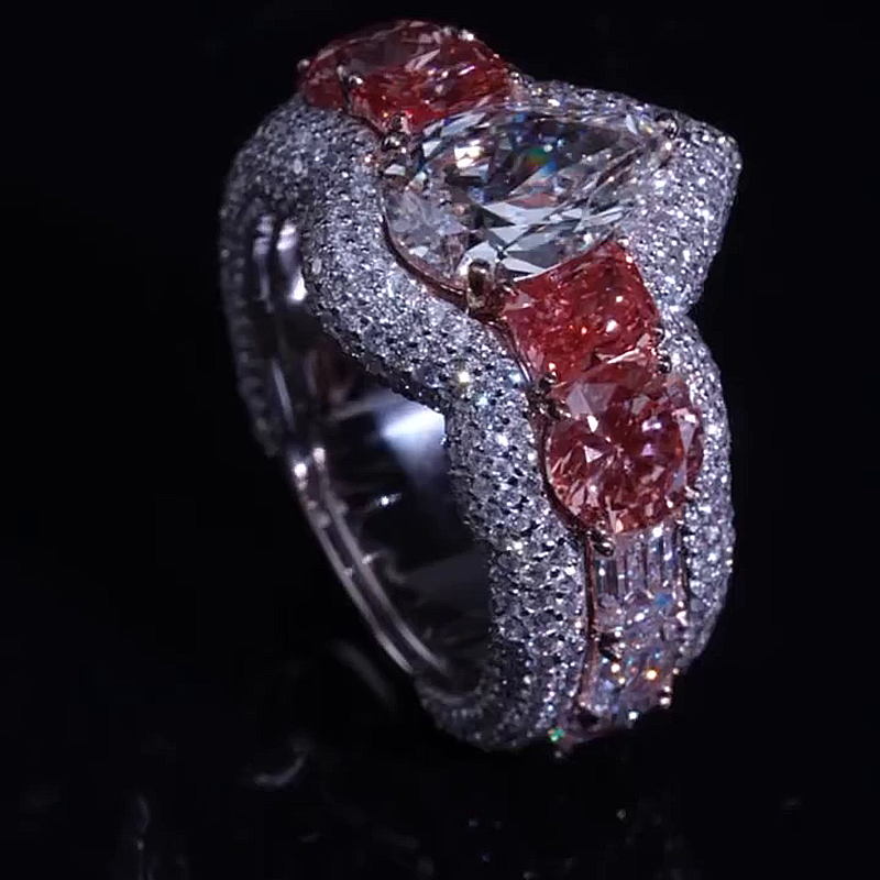 4.5ct Pear Cut White Sapphire With Pink Side Stones Two-Tone Handmade Ring