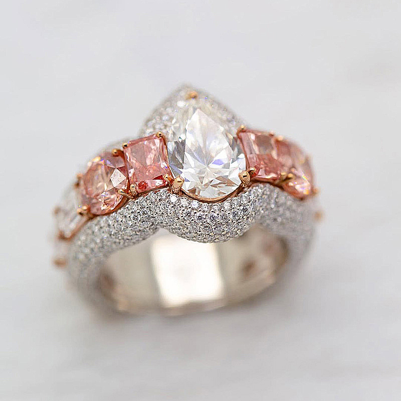4.5ct Pear Cut White Sapphire With Pink Side Stones Two-Tone Handmade Ring