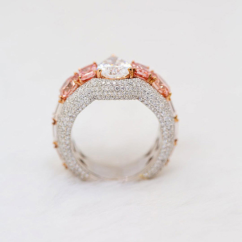 4.5ct Pear Cut White Sapphire With Pink Side Stones Two-Tone Handmade Ring