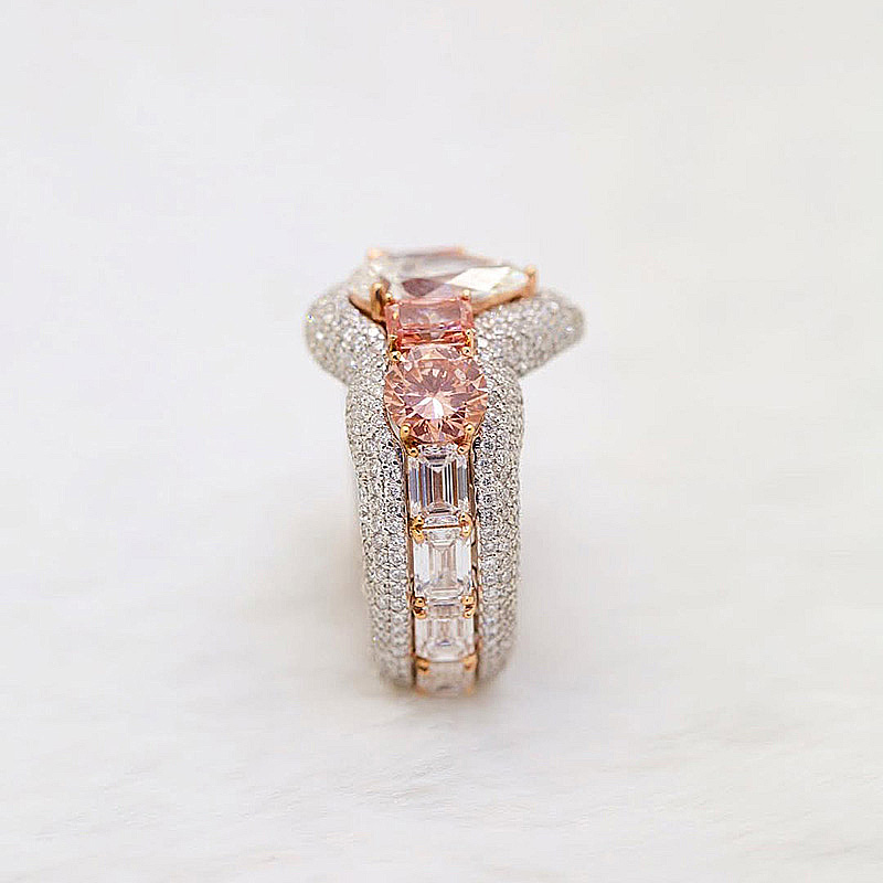 4.5ct Pear Cut White Sapphire With Pink Side Stones Two-Tone Handmade Ring