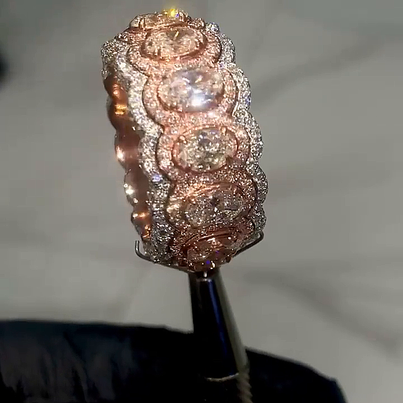 15ctw Oval Cut White Sapphire Pave Set Two-Tone Handmade Men's Band Ring