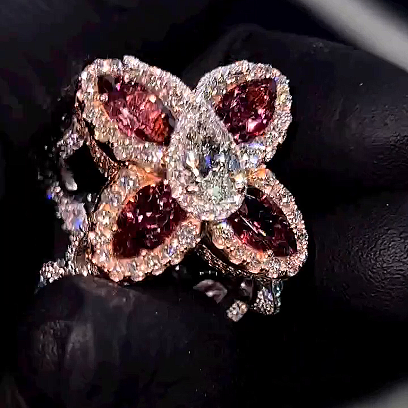 20ctw Pear Cut White Sapphire & Marquise Cut Garnet Halo Two-Tone Handmade Nature Angel Ring