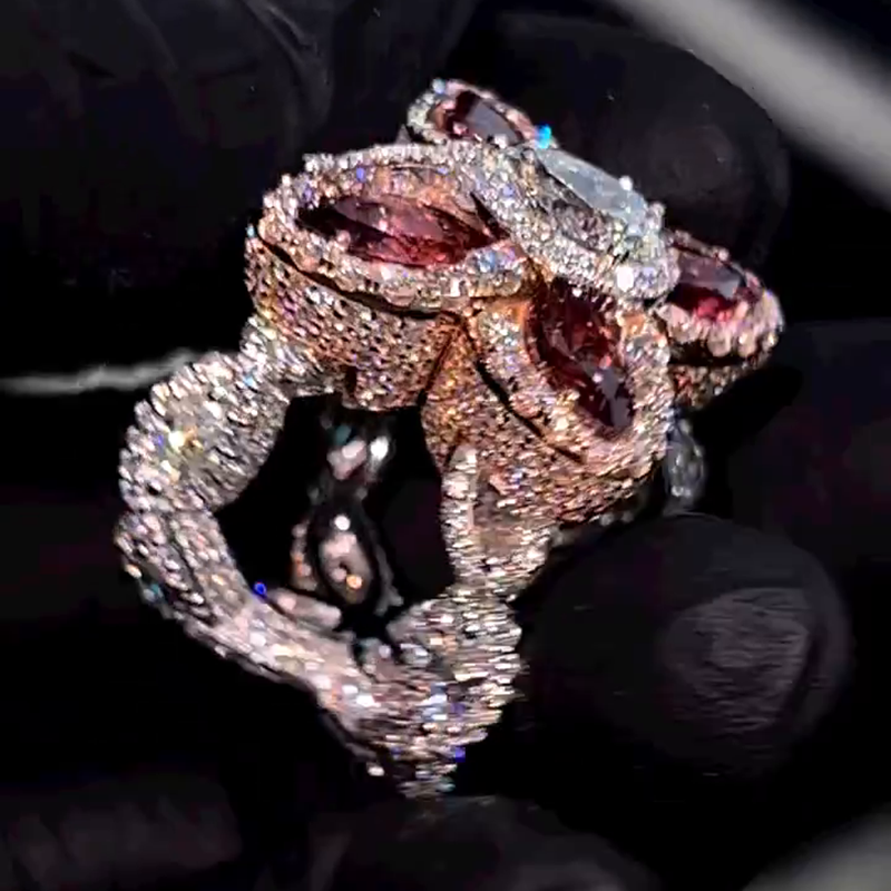 20ctw Pear Cut White Sapphire & Marquise Cut Garnet Halo Two-Tone Handmade Nature Angel Ring