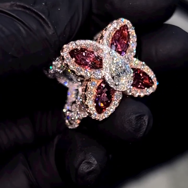 20ctw Pear Cut White Sapphire & Marquise Cut Garnet Halo Two-Tone Handmade Nature Angel Ring