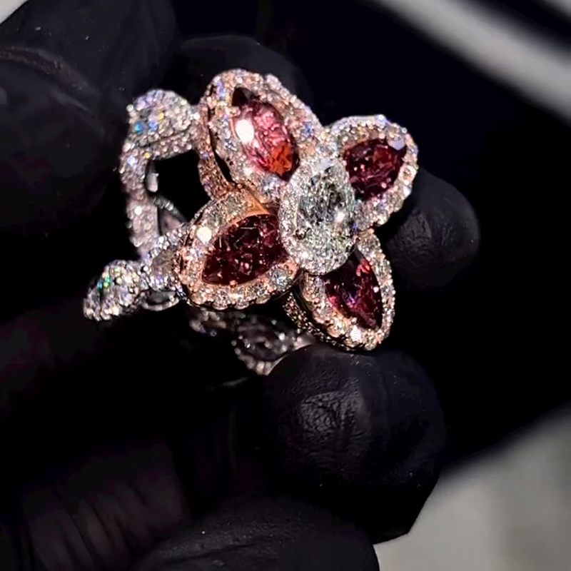 20ctw Pear Cut White Sapphire & Marquise Cut Garnet Halo Two-Tone Handmade Nature Angel Ring