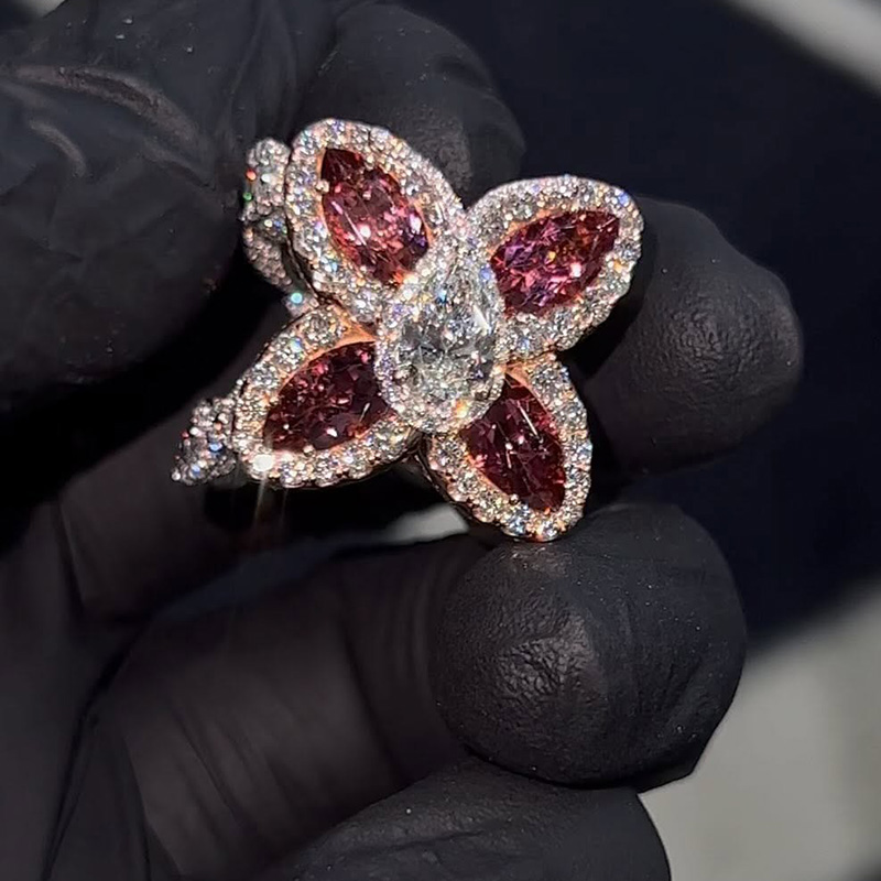 20ctw Pear Cut White Sapphire & Marquise Cut Garnet Halo Two-Tone Handmade Nature Angel Ring