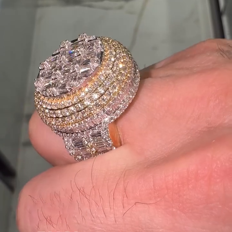 8ct Baguette Cut White Sapphire Halo Yellow Gold Handmade Men's Ring