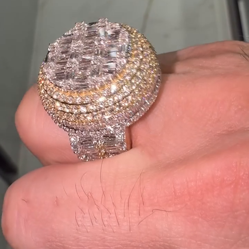 8ct Baguette Cut White Sapphire Halo Yellow Gold Handmade Men's Ring