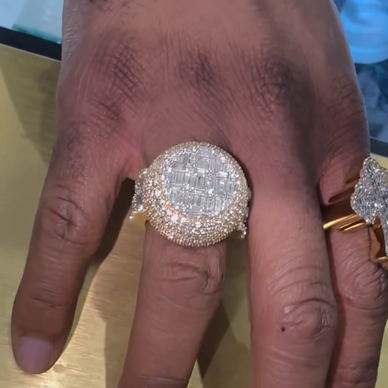 8ct Baguette Cut White Sapphire Halo Yellow Gold Handmade Men's Ring