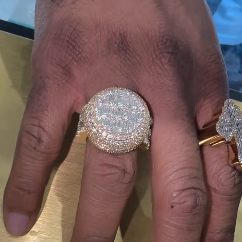 8ct Baguette Cut White Sapphire Halo Yellow Gold Handmade Men's Ring