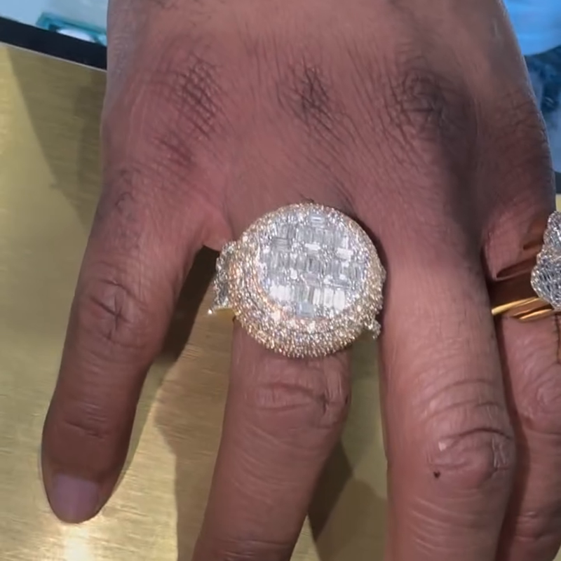 8ct Baguette Cut White Sapphire Halo Yellow Gold Handmade Men's Ring