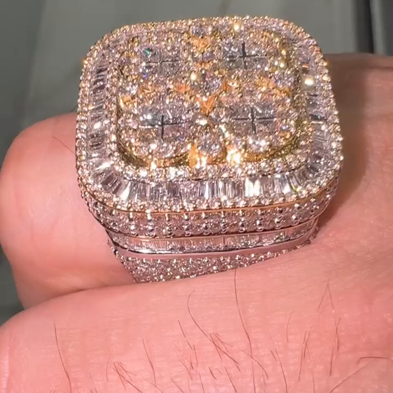 6.5ct Princess Cut White Sapphire Pave Set Band Yellow Gold Handmade Men's Ring