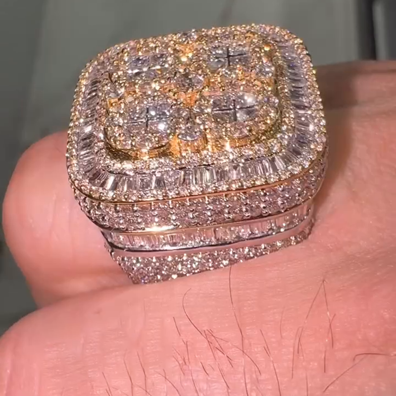 6.5ct Princess Cut White Sapphire Pave Set Band Yellow Gold Handmade Men's Ring