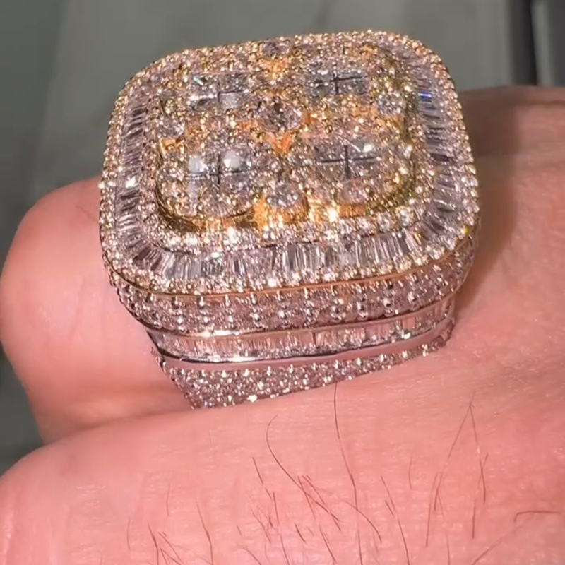 6.5ct Princess Cut White Sapphire Pave Set Band Yellow Gold Handmade Men's Ring