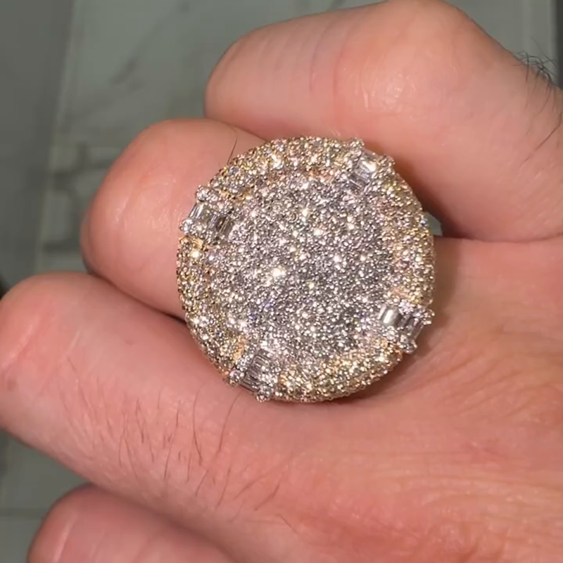 4.5ct Round & Baguette Cut White Sapphire Yellow Gold Handmade Men's Ring