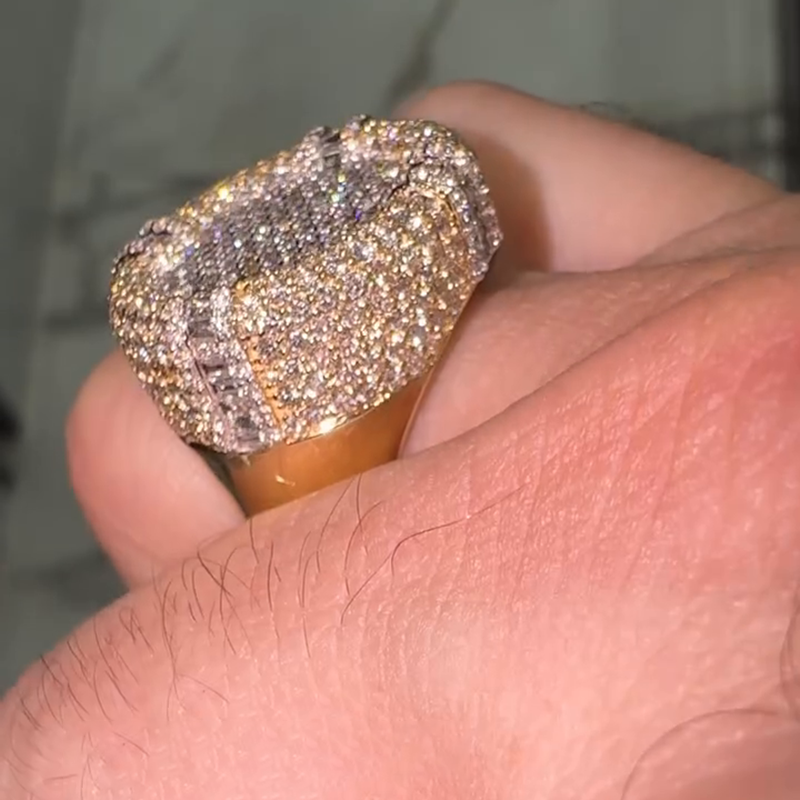 4.5ct Round & Baguette Cut White Sapphire Yellow Gold Handmade Men's Ring