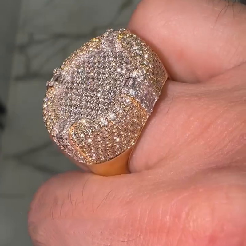 4.5ct Round & Baguette Cut White Sapphire Yellow Gold Handmade Men's Ring